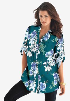 Plus Size Floral Y-Neck Pintuck Tunic – Adjustable Long Sleeve Button-Front, Relaxed Shirt Style