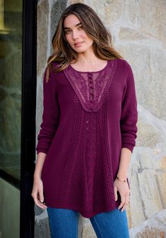Plus Size Lace Yoke Pullover Sweater