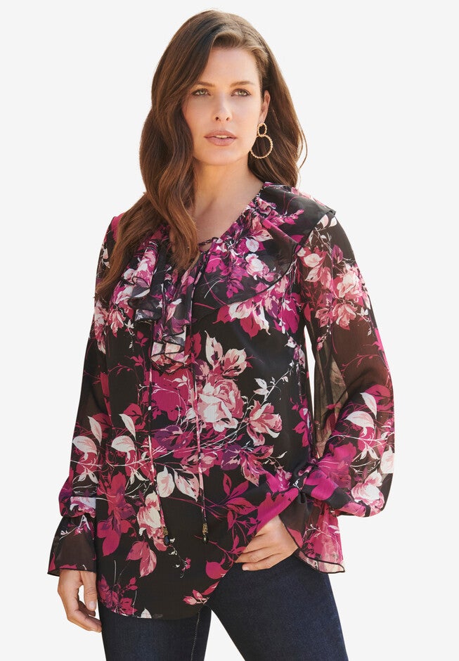 Ruffle Lace-Up Top, BLACK BERRY BOUQUET, hi-res image number null