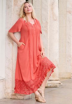 Lace-Panelled Crinkle Boho Dress