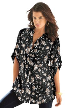 Plus Size Floral Y-Neck Pintuck Tunic – Adjustable Long Sleeve Button-Front, Relaxed Shirt Style