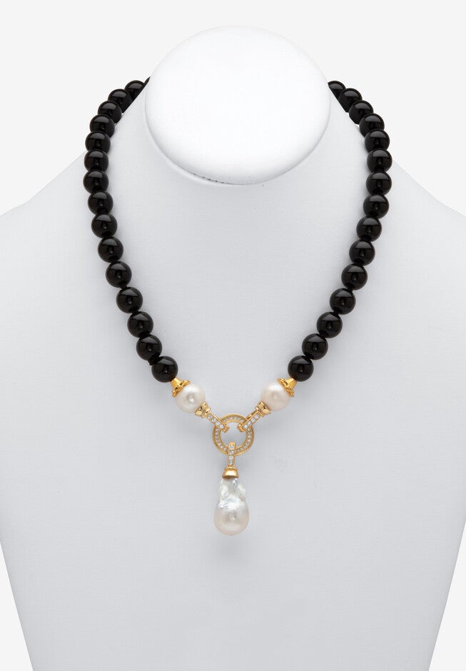 1.72 Cttw. Black Agate & Keshi Pearl Drop Beaded Necklace Gold-Plated 20 inches Length, , alternate image number 6