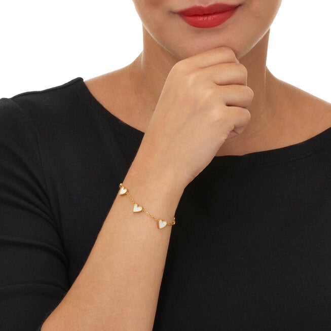 Mother of Pearl Gold Ion-Plated Stainless Steel Heart Bracelet 7 to 9-inch, WHITE, alternate image number 2