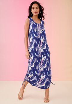 Plus Size Stretch Knit Sleeveless Midi Dress with Ruched Hem Detail