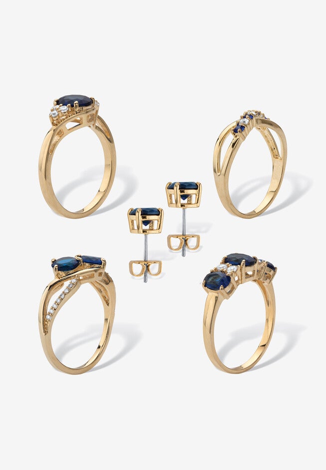 9.42 Cttw Gold-Plated Simulated Blue Sapphire And Cz Earrings And Ring Set, , on-hover image number 1
