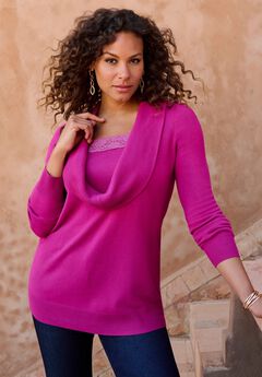 Plus Size Lightweight Cowl Neck Sweater with Lace Trim