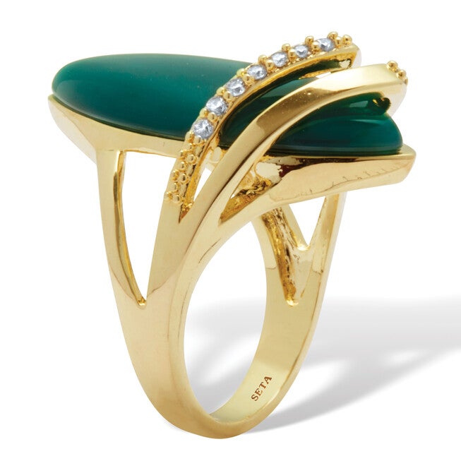 .16 TCW Genuine Green Agate and Cubic Zirconia Yellow Gold-Plated Marquise Ring, GREEN, on-hover image number null