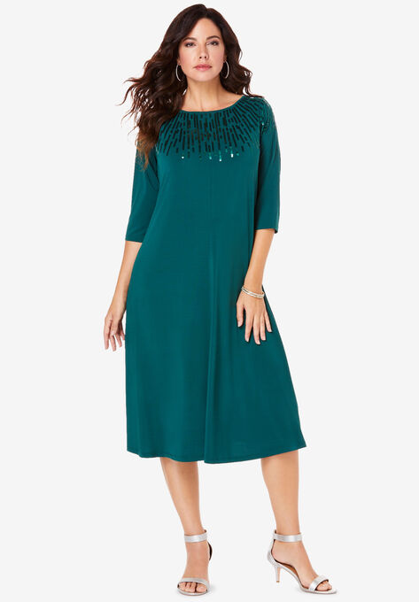 Ultrasmooth® Fabric Embellished Swing Dress, EMERALD GREEN, hi-res image number null