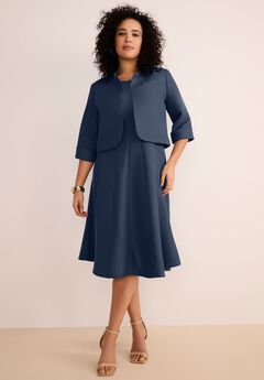 Extended Plus Size Elbow Sleeve Fit-and-Flare Dress with Bolero Jacket – 2-Piece Suit