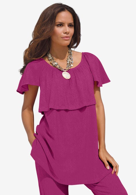 Flutter Sleeve Crinkle-Knit Gauze Tunic, RASPBERRY, hi-res image number null