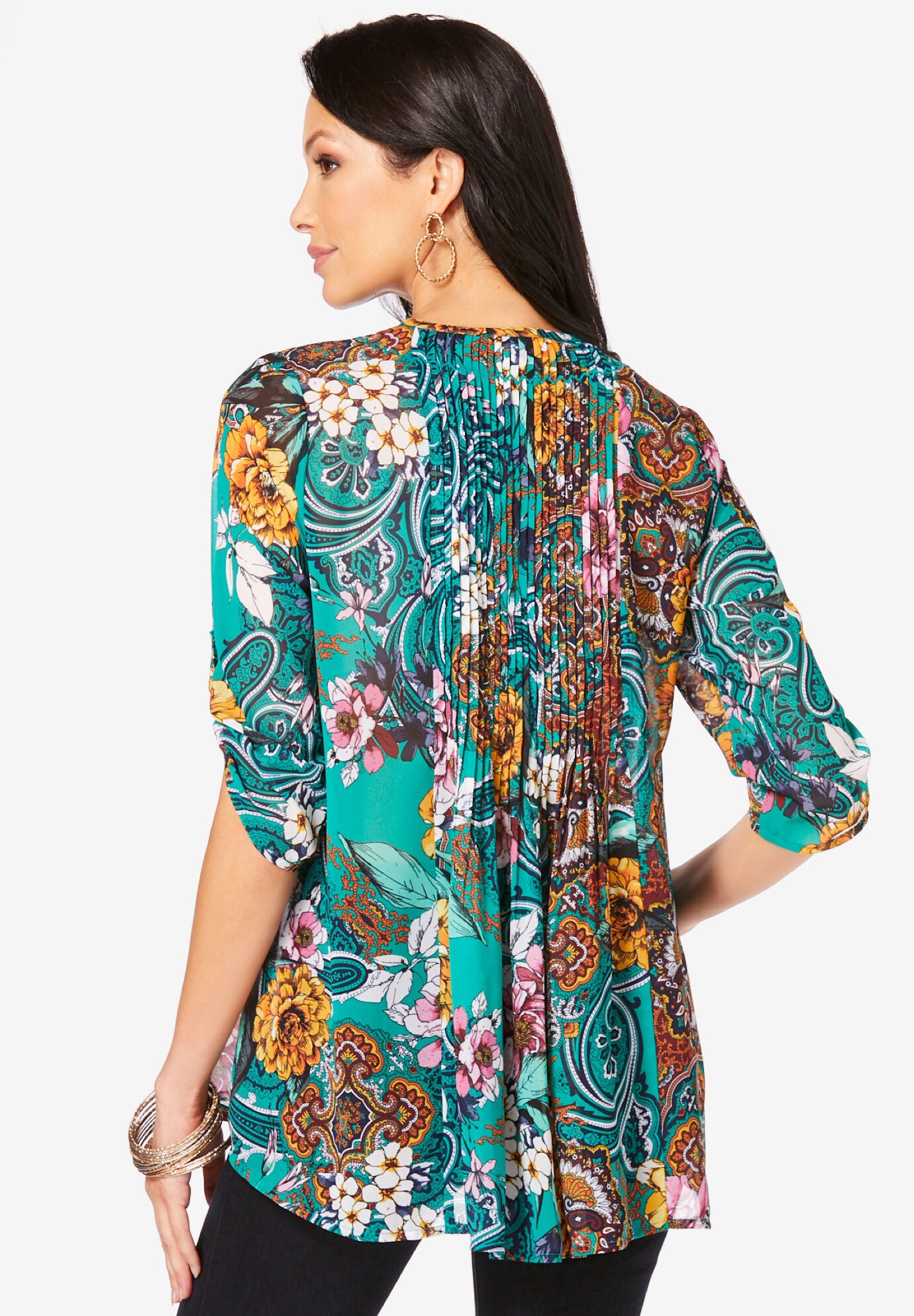 Extended Plus Size Tara Pleated Shirt &ndash; Adjustable 3/4 Sleeve Swing Tunic with Notch Collar, EMERALD PAISLEY GARDEN, on-hover image number 1
