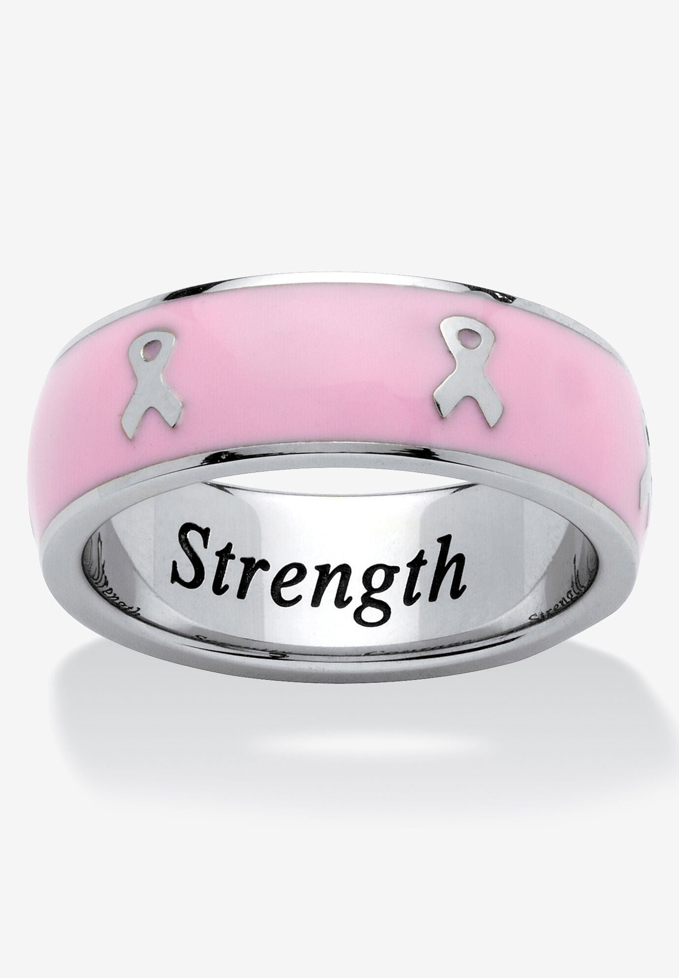 Stainless Steel And Pink Enamel Breast Cancer Awareness Ribbon "Serenity Courage Strength" Inscribed Ring (6.5Mm) Jewelry, WHITE, hi-res image number 0