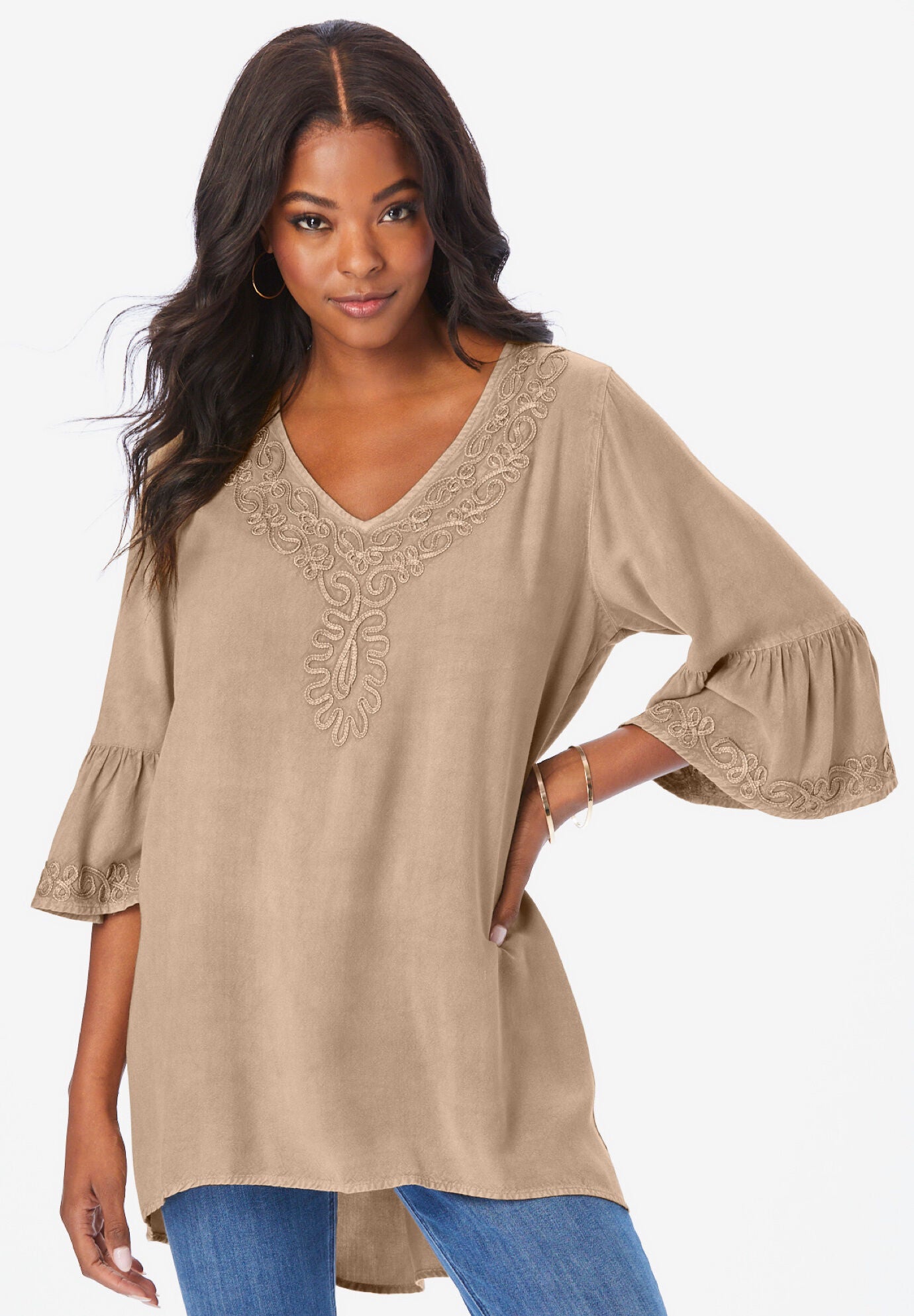 Embroidered Ruffle-Trimmed Acid Wash Tunic, NEW KHAKI, hi-res image number 0