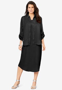 Three-Quarter Sleeve Jacket Dress Set with Button Front