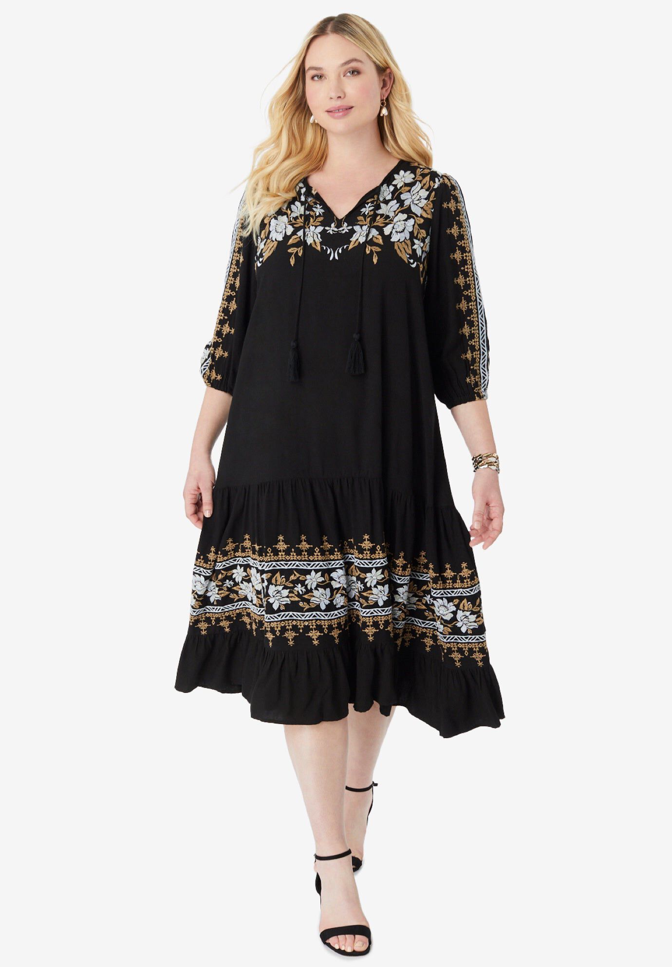 Tiered Embroidered Dress, BLACK PORCELAIN FLOWERS, hi-res image number 0