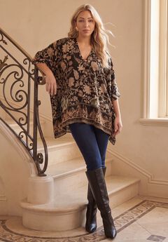 Plus Size Georgette V-Neck Embroidered Poncho Blouse