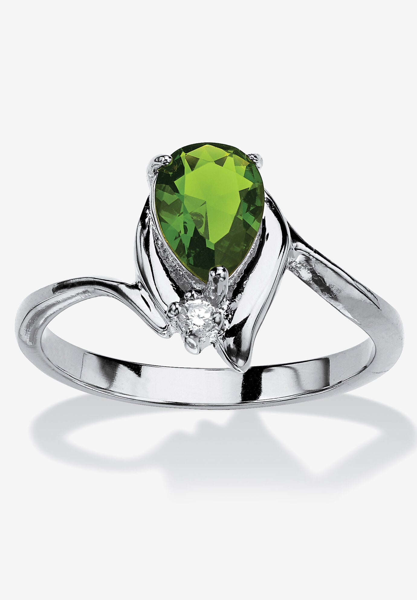 Silvertone Simulated Pear Cut Birthstone And Round Crystal Ring Jewelry, PERIDOT, hi-res image number 0
