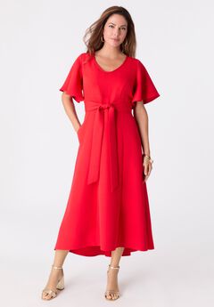 Plus Size Flutter Sleeve V-Neck Fit and Flare Bi-stretch Maxi Dress