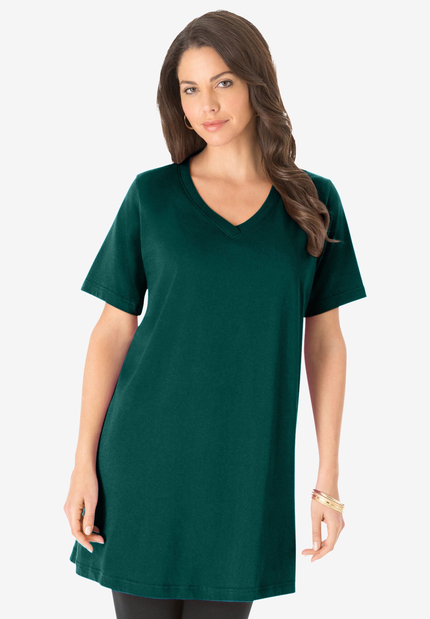 Plus Size Cotton Short Sleeve V-Neck Ultimate Tunic, EMERALD GREEN, hi-res image number 0