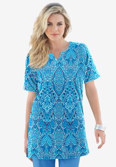 Plus Size Soft Knit Print Tunic with Notch Neckline