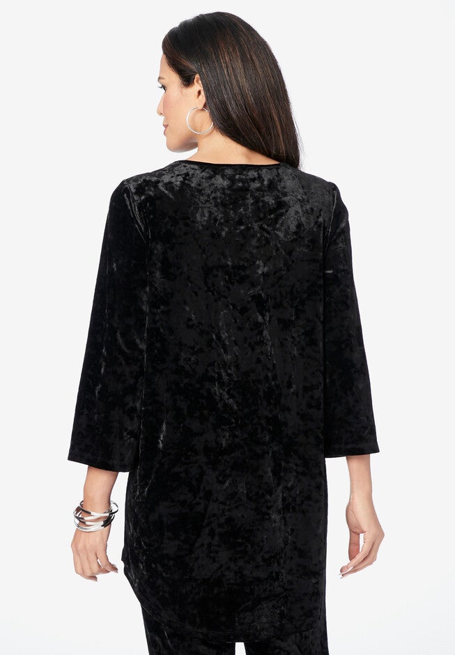 Lace-Trimmed High-Low Velour Top, , on-hover image number null