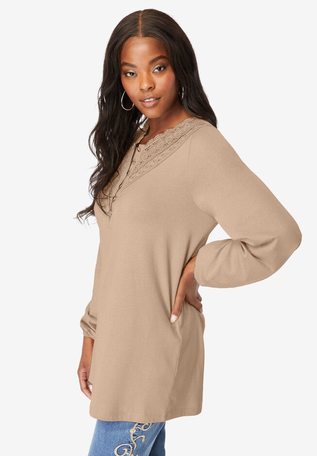 Lace Henley Top, , alternate image number 2