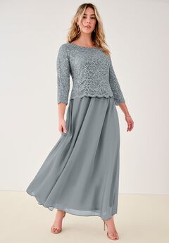 Extended Plus Size Sequin Lace Three Quarter Sleeve A-Line Gown