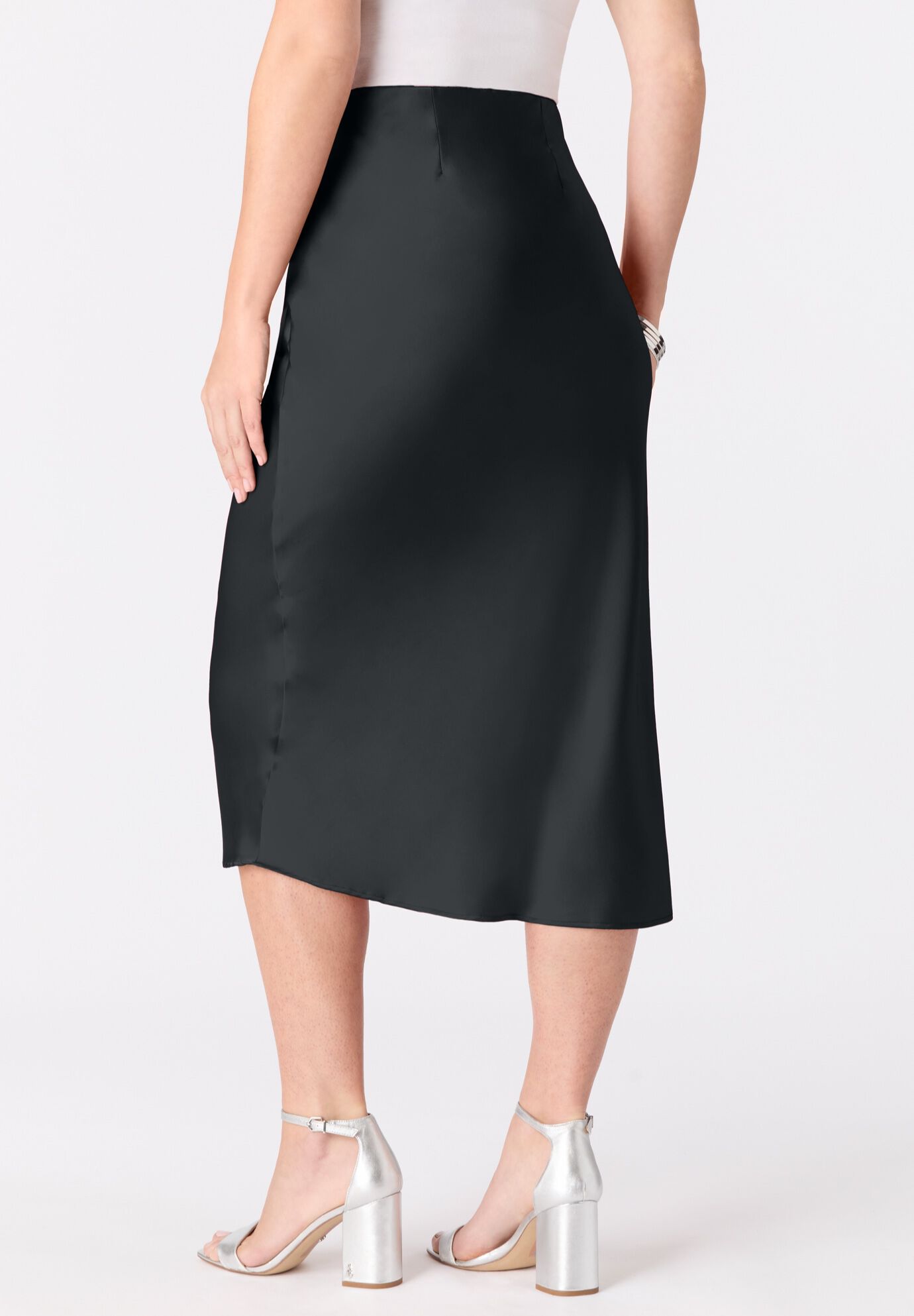 Plus Size Stretch Satin Midi Skirt, BLACK, on-hover image number 1
