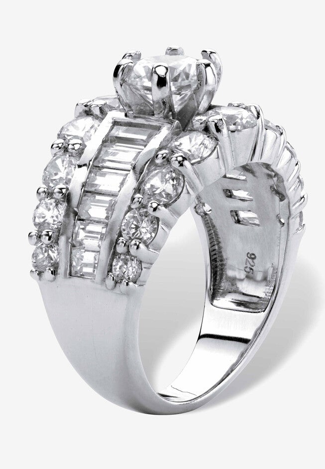 6.40 Cttw. Round And Baguette Sterling Silver Cubic Zirconia Engagement Ring, , on-hover image number null