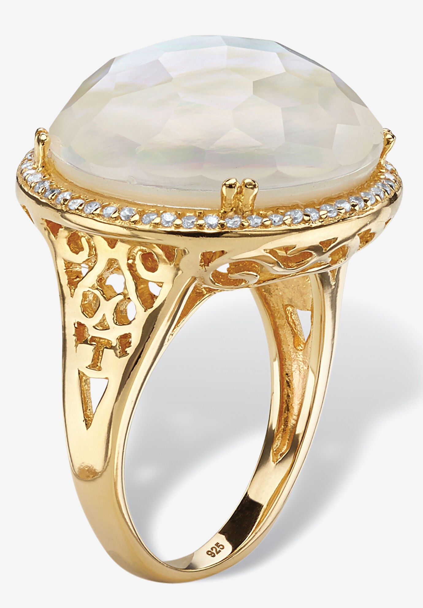 .27 Tcw Genuine Mother-Of-Pearl And Cz Gold-Plated Sterling Silver Halo Ring, , on-hover image number 1