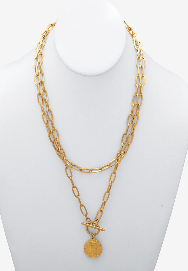 Paperclip Necklace Set Gold Ion-Plated Stainless Steel With Coin Pendant, , alternate image number null