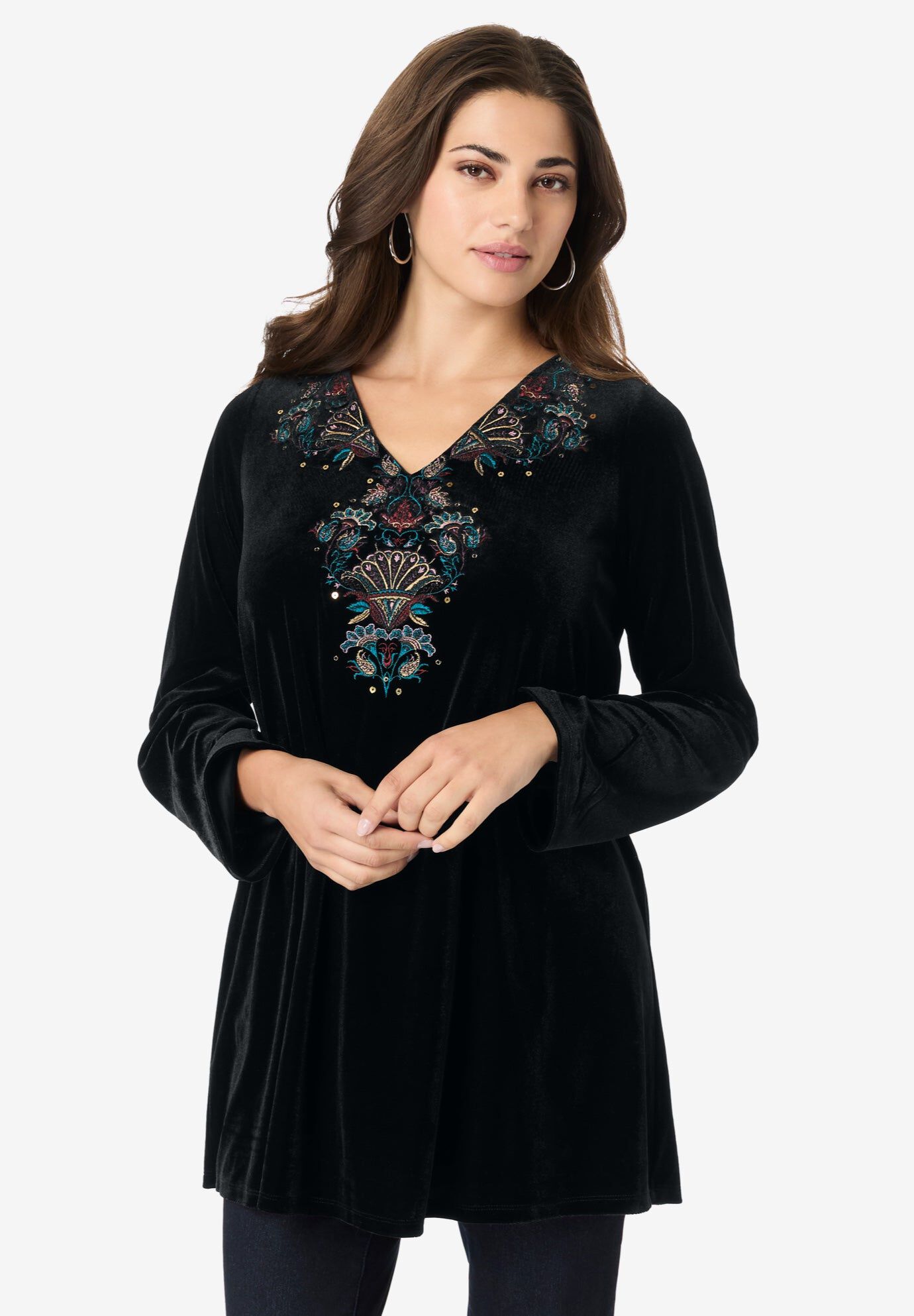 Embroidered Velour Blouse, BLACK LUXE MEDALLION, hi-res image number 0