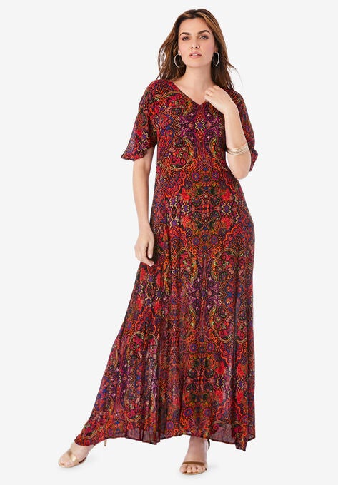 Flutter-Sleeve Crinkle Dress, MULTI MIRRORED MEDALLION, hi-res image number null