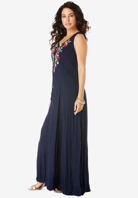 Embroidered Sleeveless Crinkle Dress, , alternate image number null