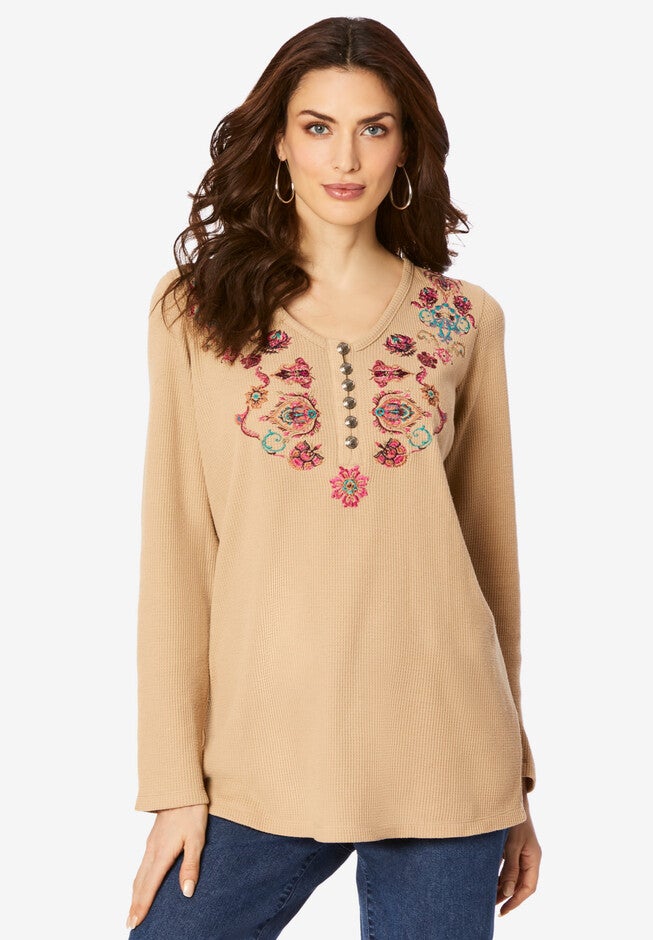 Embroidered Thermal Henley Top, MULTI ORNATE EMBROIDERY, hi-res image number null
