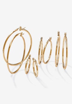 4-Pair Set Gold-Plated Sterling Silver Polished Hoop Earrings Jewelry
