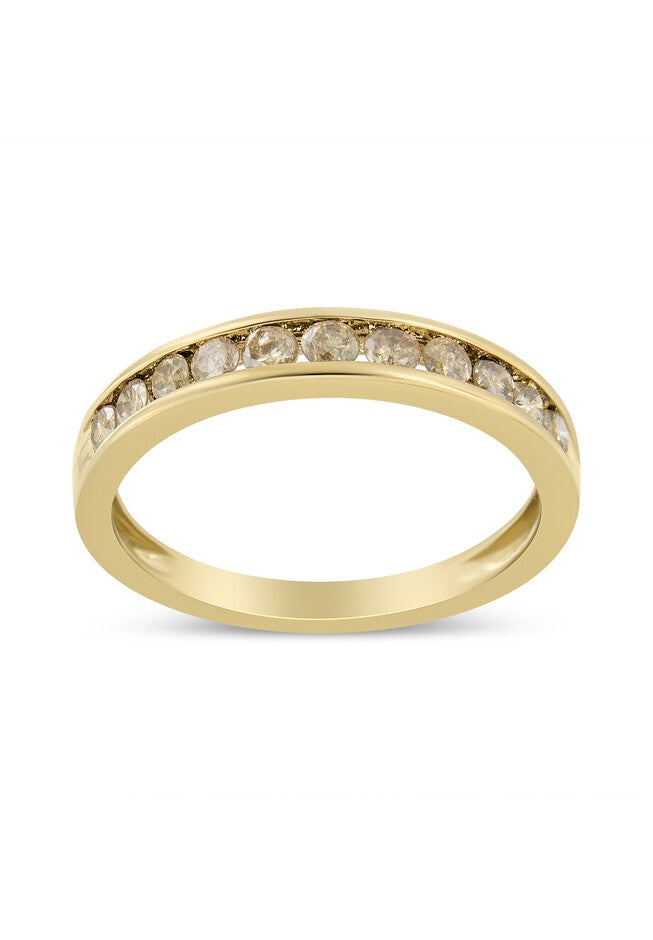 Yellow Gold Plated Sterling Silver Channel Set Round Champagne Diamond 11 Stone Band Ring, WHITE, hi-res image number 0