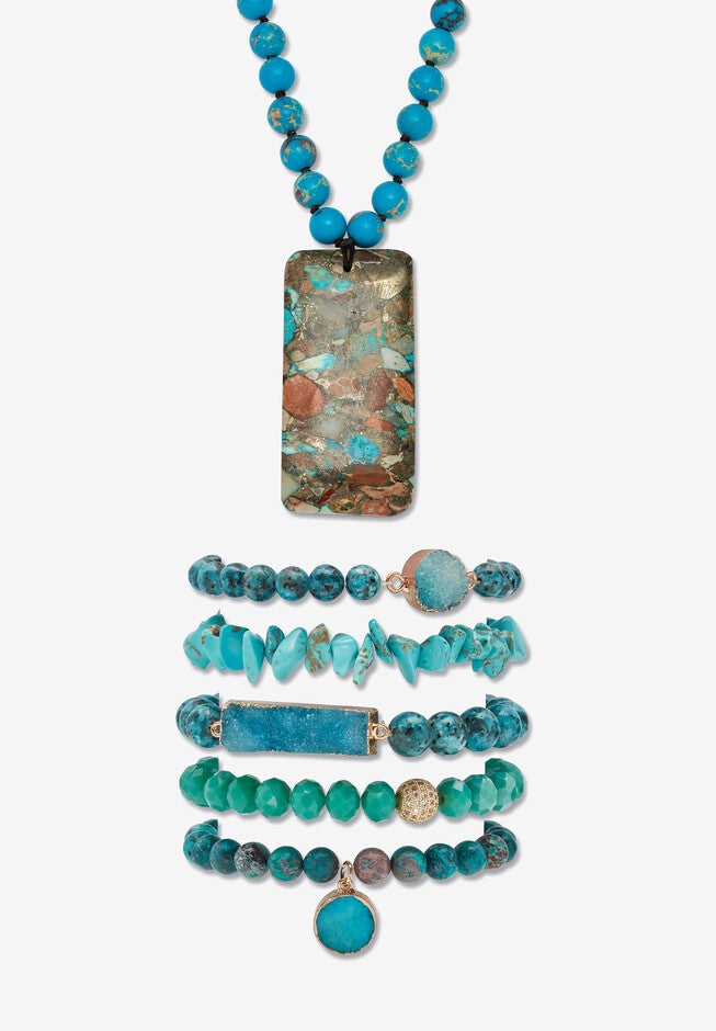 Genuine Blue Jasper Goldtone Necklace And Beaded Bracelet Set, 34 Inches, BLUE, hi-res image number null