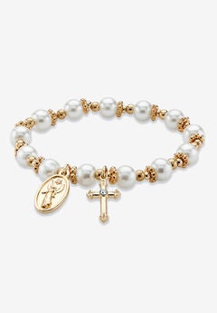 Round Simulated Pearl And Beaded Religious Stretch Bracelet In Goldtone 7" Jewelry