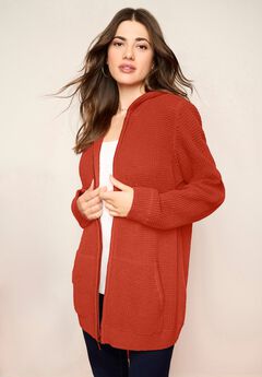 Plus Size Waffle Knit Zip-Front Relaxed Hoodie