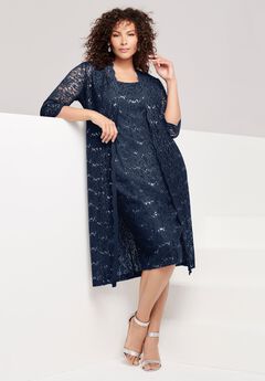 Extended Plus Size 3/4 Sleeve Formal Duster Sequin – Embellished Lace Dress Set