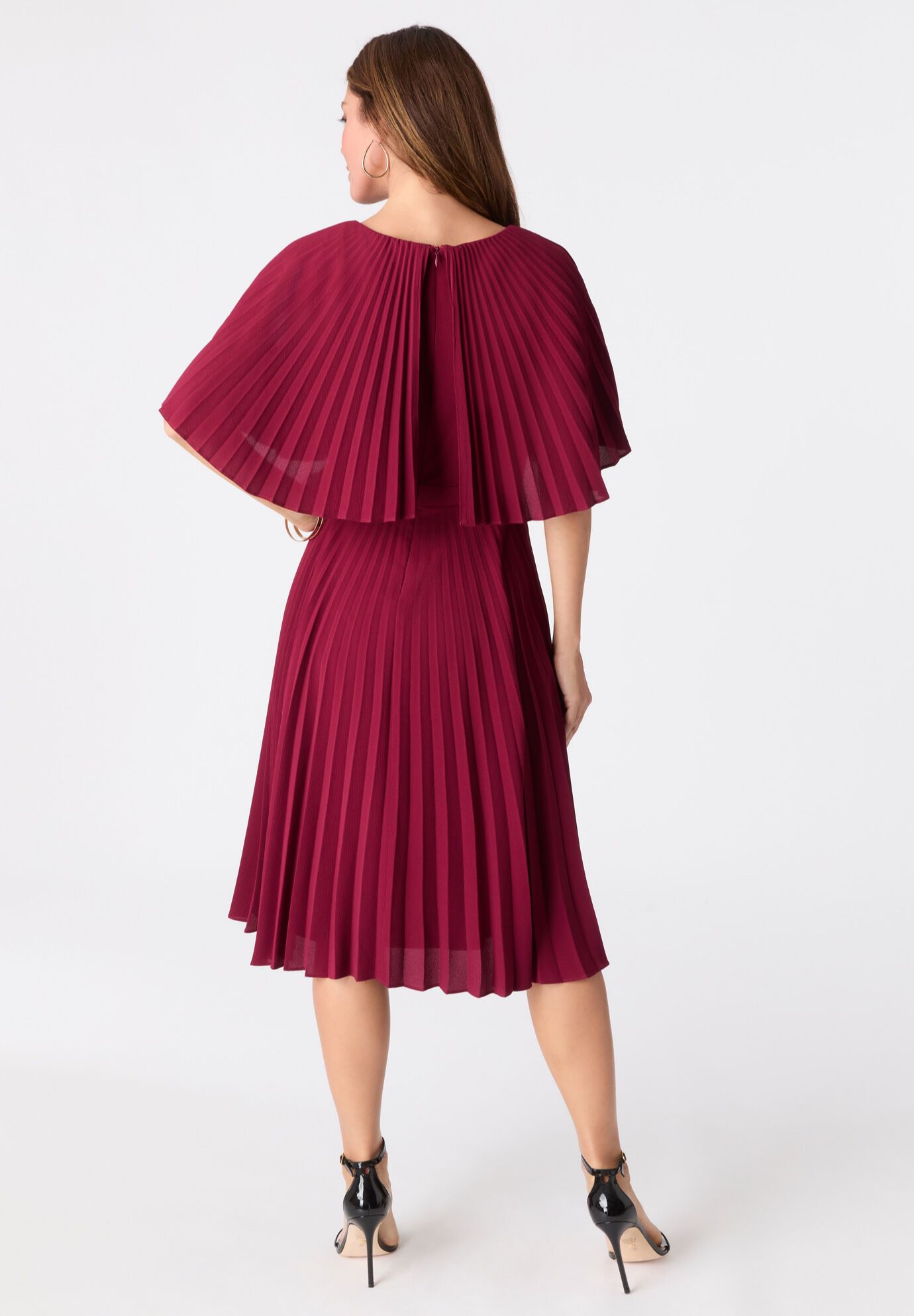 Crepe Pleated Cape Dress, WINE, alternate image number 3