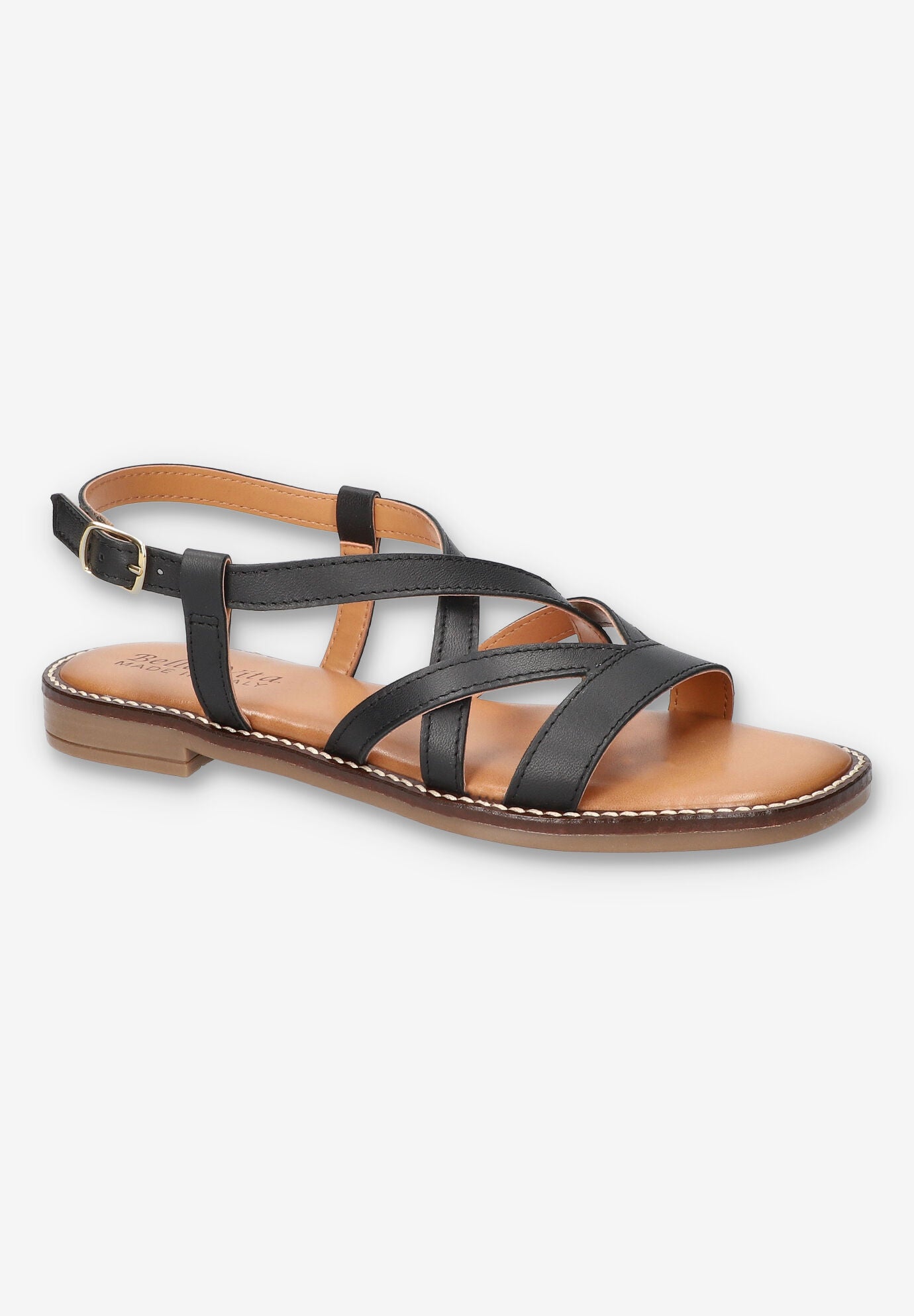 Tya-Italy Flat Sandal, BLACK LEATHER, hi-res image number 0