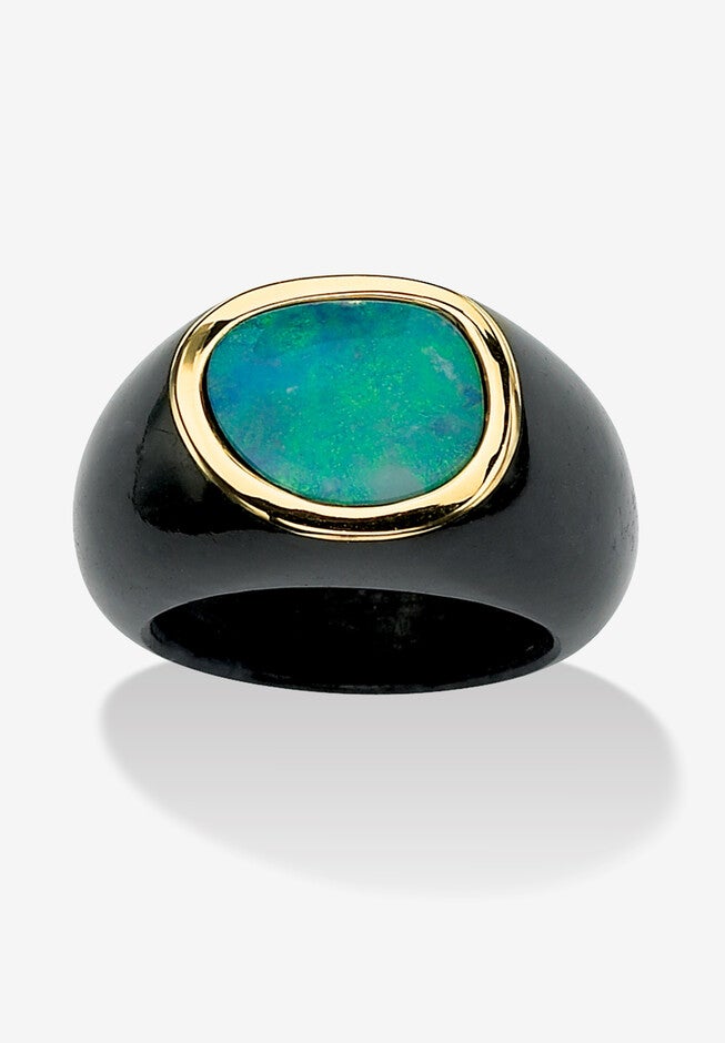Genuine Blue Opal And Black Jade 10K Yellow Gold Bezel-Set Cabochon Ring, BLUE BLACK, hi-res image number 0