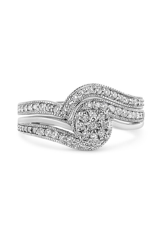 Silver 1/3Ct Cttw Multi-Diamond Bypass Vintage-Style Bridal Set, , on-hover image number 1