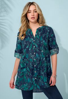Plus Size Pintuck Tunic Blouse – Y-Neck & Roll-Tab Sleeves