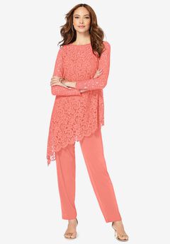 Extended Plus Size Asymmetrical Lace Pant Set –Long Sleeve Lace Scalloped Tunic & Elastic Waist Pant