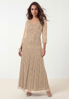 Plus Size Beaded V-Neck 3/4 Sleeve Sleeve Maxi Gown