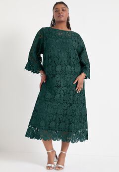 Bell-Sleeve Lace Midi Dress