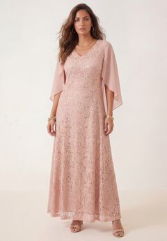 Plus-Size Allover Lace Gown with Capelet